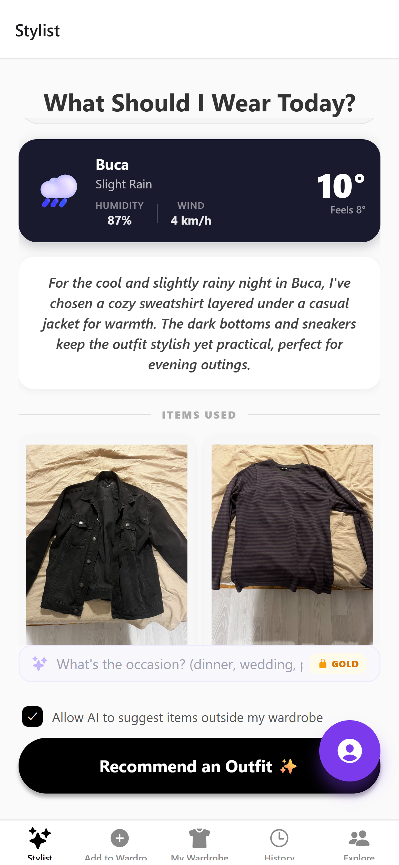 STIL App: Detailed recommendation with weather and items used